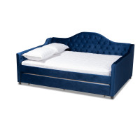 Baxton Studio CF8940-Navy Blue-Daybed-F/T Perry Modern and Contemporary Royal Blue Velvet Fabric Upholstered and Button Tufted Full Size Daybed with Trundle